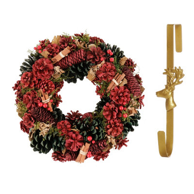 Dibor 36Cm Cinnamon Pine Front Door Christmas Wreath With Deer Wreath Hanger from B&Q
