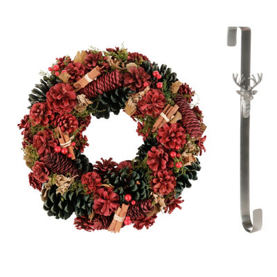 Dibor 36Cm Cinnamon Pine Front Door Christmas Wreath With Stag Wreath Hanger from B&Q