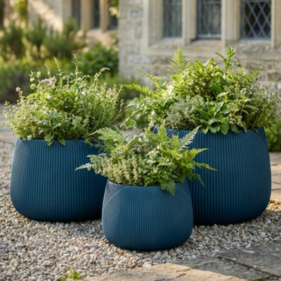 Dibor Set Of 3 Blue Fibreclay Symmetry Stripe Summer Outdoor Planters Plant Pots from B&Q
