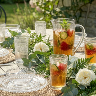 Dibor Vintage Luxury Embossed Glass Pitcher Jug With Set Of 4 Highball Tumblers Wedding Decor from B&Q
