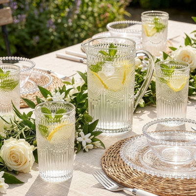 Dibor Vintage Luxury Embossed Glass Pitcher Jug With Set Of 6 Highball Tumblers Wedding Decor from B&Q
