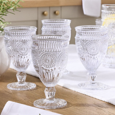 Dibor Set Of 4 Vintage Luxury Embossed Glass Wine Goblets Wedding Decor Glasses 350Ml from B&Q