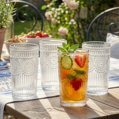 Dibor Set Of 4 Vintage Luxury Embossed Glass Highball Tumblers Wedding Decor Glasses 355Ml from B&Q