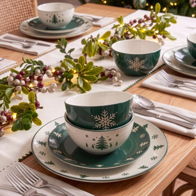 Dibor Unisex Green 12Pcs Snowy Forest Stoneware Christmas Dinner Set For 4 Person In | : Size 12 Pack - Image 2