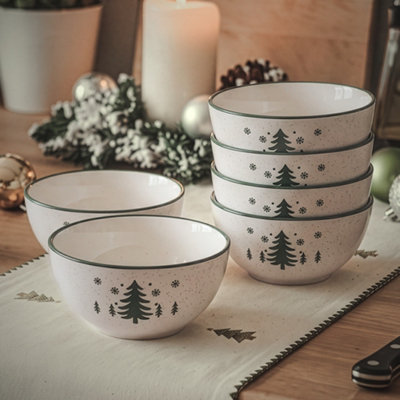 B&Q -  Set Of 6 Snowy Forest Bowls Christmas Crockery Dinnerware Stoneware Bowls 14.2Cm