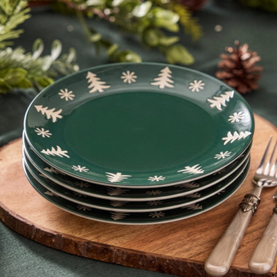 Dibor Unisex Green Set Of 4 Snowflake Stoneware Christmas Dinner Side Plates Dia 20.5Cm In | Size: 4 Pack - Image 2