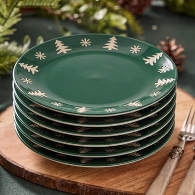Dibor Unisex Green Set Of 6 Snowflake Stoneware Christmas Dinner Side Plates Dia 20.5Cm In | Size: 6 Pack - Image 2