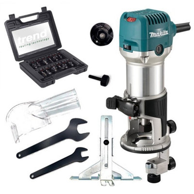 Makita Rt0702Cx4 1/4" Router Trimmer With Trimmer Guide 240V + 12Pc Trend Set from B&Q