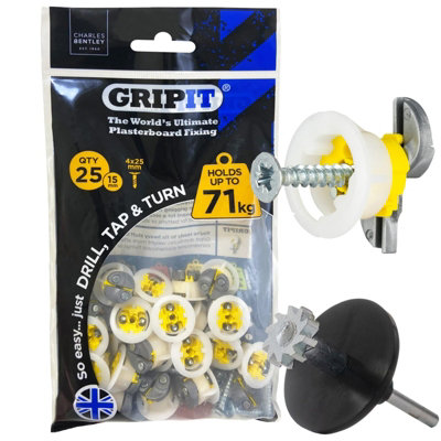 Gripit Grip It Yellow 15mm Plasterboard Fixing Screws + Recess Cutter 71Kg Cap