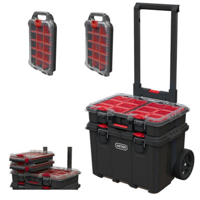 Keter Roc Keter Stack N Roll Wheeled Tool Box + X1 Large Organiser + X2 Half Organisers