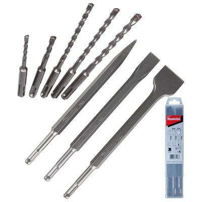 Makita 8 Piece Sds Plus Drill + Point Bullet Cold Flat Chisel Set Masonry 250mm