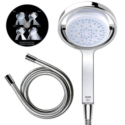 Mira Showers 360M 135mm Chrome Shower Head 4 Mode Spray Flipstream + 1.25M Hose from B&Q