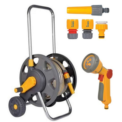 Hozelock 45M Free Standing Garden Hose Cart 20M Hose Connector Spray Gun 2489 from B&Q