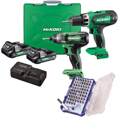 Hikoki Combi Drill Impact Driver 18V 2Ah Twin Pack + 61 Piece Bit Set Kc18Dfxjaz from B&Q