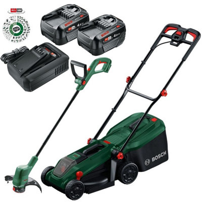 Bosch Rotak 18V-32 Cordless Lawnmower Lawn Mower 32Cm & Grass Trimmer 2 X Batts from B&Q