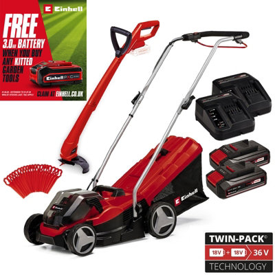 Einhell Cordless 36V Lawnmower 33Cm Cut Brushless + Grass Trimmer 2X Batteries + Redeem Free 3.0Ah Battery from B&Q