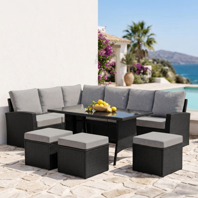 B&Q -  9 Seater Black Marilyn Corner Sofa & Dining Rattan Garden Furniture Set For Outdoor Patio Conservatory With Thick Cushions