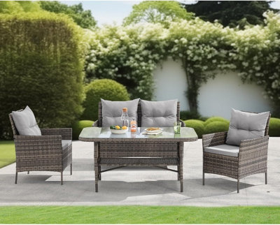 Evre Brown Florence Garden Rattan Furniture Dining Set 4 Piece Seat Sofa Chair Outdoor Wicker Glass Top Table With Cushions from B&Q