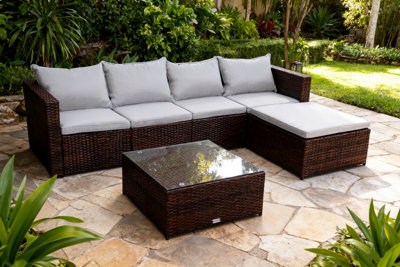 Evre Brown Miami Rattan Garden Furniture Set 5 Seater Corner Sofa With Glass Table & FootstoolInc Weekend Delivery from B&Q