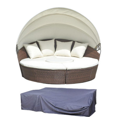 Evre Seychelles Day Sun Bed Rattan Round Outdoor Garden Furniture Set With Extendable Canopy Table 5 Pieces Brown With Cover from B&Q