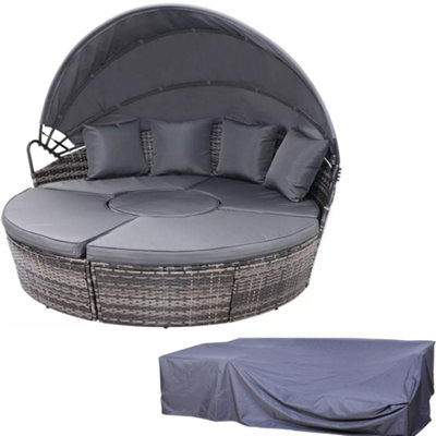 Evre Seychelles Day Sun Bed Rattan Round Outdoor Garden Furniture Set With Extendable Canopy Table 5 Pieces Mixed Grey With Cover from B&Q