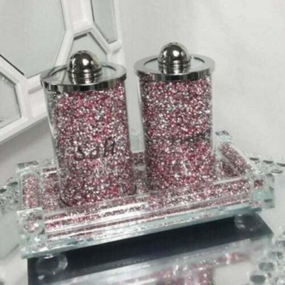 Deenz Set Of 3 Pink Diamond Crushed Salt & Pepper Canisters Jars With Tray Storage Pink & Silver Crystal Display from B&Q