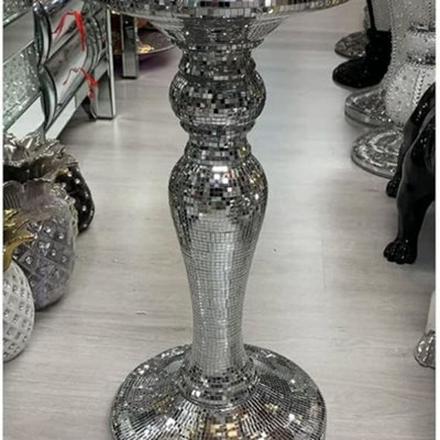 B&Q -  Silver Mirrored Side Table Modern Plant Stands Bed Side Sparkle End Table Romany Pearl 40X60Cm