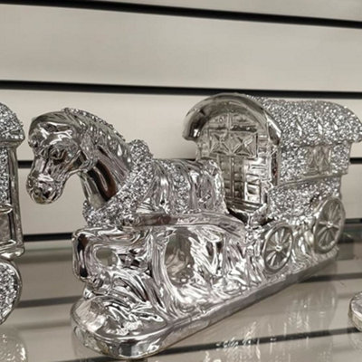 Deenz Silver Horse With Wagon Gypsy Crushed Diamond Carriage Ornament Shelf Sitter Bling from B&Q