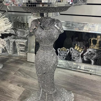 B&Q -  Silver Lady Mirrored Side Table Modern Plant Stands Bed Side Sparkle End Romany Pearl