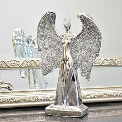 Deenz Lady Angel With Wings Beautiful Crushed Diamond Jewel Sitting Angel Silver Sparkle Shelves Ornament from B&Q