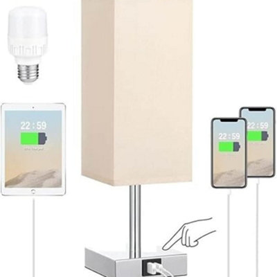 Deenz Touch Lamps Usb Type C Port Nightstand Lamp Charge Ports 3 Way Dimmable Bedside Silver (Square Base) Fabric Shade ( Beige ) from B&Q