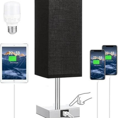 Deenz Touch Lamps Usb Type C Port Nightstand Lamp Charge Ports 3 Way Dimmable Bedside Silver (Square Base) Fabric Shade (Black) from B&Q