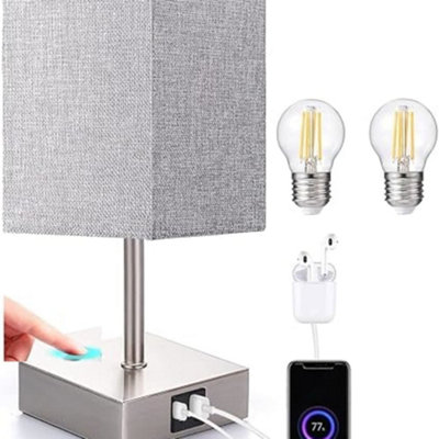 Deenz Touch Lamps Usb Type C Port Nightstand Lamp Charge Ports 3 Way Dimmable Bedside Silver (Square Base)  Fabric Shade ( Grey ) from B&Q
