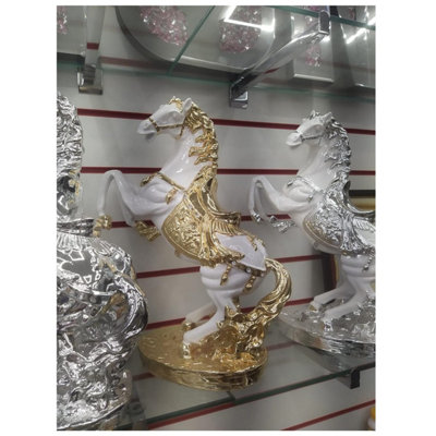 B&Q -  Horse Statue Standing Horse Resin Ornament Sculpture Rearing Art Gold & White