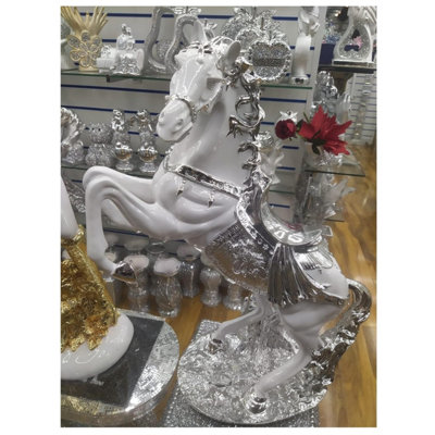 B&Q -  Horse Statue Standing Horse Resin Ornament Sculpture Rearing Art Silver & White