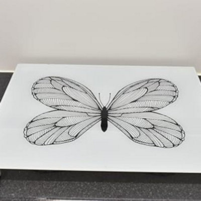 B&Q -  60X52Cm White Butterfly Sketch Universal Hob Cover Plate Tempered Glass Worktop Saver 5mm (Hob Cover 4 Feets)