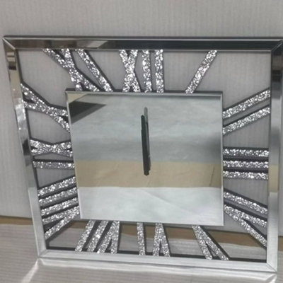 B&Q -  Square Mirrored Crushed Crystal Wall Clock Loose Diamond Crystal Mirror Wall Silent Clock Chic Finishing Touch (60X60Cm)