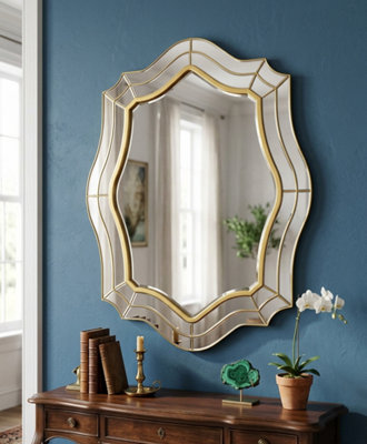 B&Q -  Wavy Oval Shape Wall Mirror Gold Frame 74X56Cm Simply Stylish Art Home Décor Living Room Bathroom Bedroom Entryway