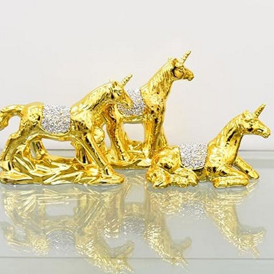 B&Q -  Xl Set Of 3 Silver Unicorn Sparkle Bling Ornament Crushed Diamond,home Decor Shelf Sitter ( Gold )