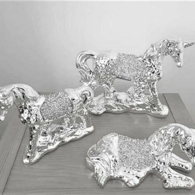 B&Q -  Xl Set Of 3 Silver Unicorn Sparkle Bling Ornament Crushed Diamond,home Decor Shelf Sitter (Silver)