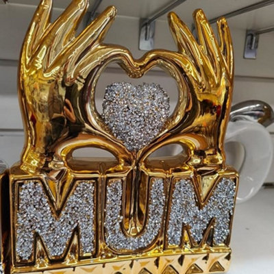 Deenz Mum Heart Hand Crushed Diamond Crystal Ornament Home Decor Living Room Best Gift For Mother's Day ( Gold ) from B&Q
