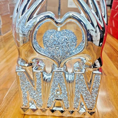 Deenz Nan Heart Hand Silver Crushed Diamond Crystal Ornament Home Decor Gift Bling Best Gift For Nan (Silver) from B&Q