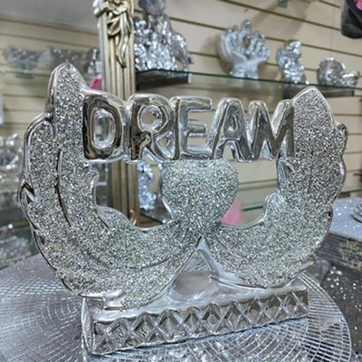 Deenz Crushed Dream Heart Wings For Love Silver Ornament Figurine Bling Diamond Display Decor Gift