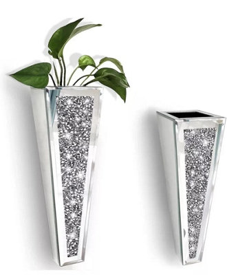 B&Q -  Set Of 2 Wall Hung Flower Vases With Silver Crushed Diamonds For Home DécorLiving RoomBedroom28.45X8.89Cm