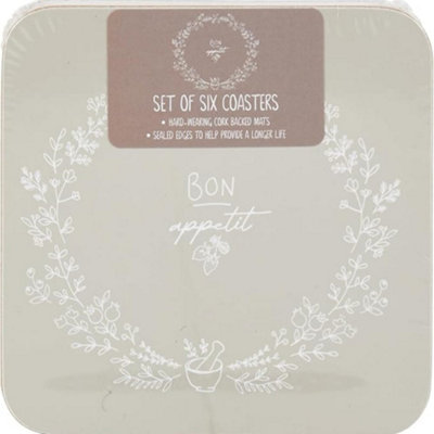 Deenz Set Of 6 Bon Appetit Coasters Grey Stylish And Functional With Sealed Edges Cork-Backed To Protect Surfaces from B&Q