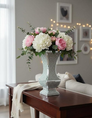 B&Q -  Crushed Jewel Diamanate Square Shaped Crystal Vase Silver Design With Mirrored Border Art Deco Style 40 Cm Tall