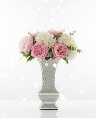 B&Q -  Crushed Jewel Diamanate Square Shaped Crystal Vase Silver Design With Mirrored Border Art Deco Style 60 Cm Tall