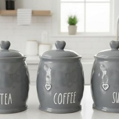 B&Q -  Set Of 3 Grey Ceramic TeaCoffee & Sugar Kitchen Storage Heart Lid Jars/canisters Love Motif Barrel Name Label 12 X 17 Cm