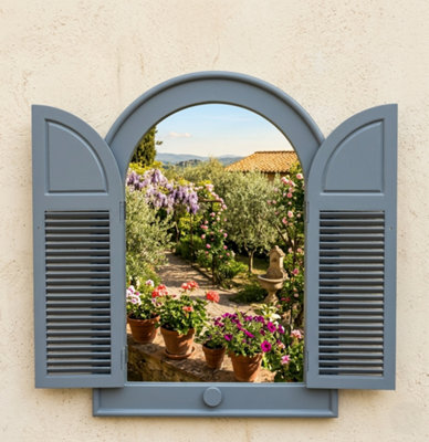 Deenz Decorative Window Double Door Shutter Panels Wall Mounted Bordered Mirror Grey Finish Antique Arched Top Louvred 49 X 57 Cm from B&Q