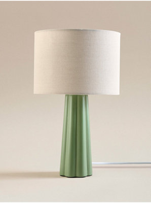 Deenz Ceramic Large Table Lamp Triangle/cone Ribbed Base Matching Drum Linen Details Fabric Shade Brighten Up Home Green 35X21 Cm from B&Q